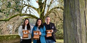 Regionalverbandsdirektorin Dr. Carolin Lehberger steht mit Elisa Haffner und Marc Mitzel von der Tourist Info Saarbrücker Schloss im Schlossgarten und alle halten je einen Nistkasten in den Händen. Im Hintergrund ist ein Nistkasten an einer Winterlinde zu sehen.