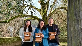 Regionalverbandsdirektorin Dr. Carolin Lehberger steht mit Elisa Haffner und Marc Mitzel von der Tourist Info Saarbrücker Schloss im Schlossgarten und alle halten je einen Nistkasten in den Händen. Im Hintergrund ist ein Nistkasten an einer Winterlinde zu sehen.