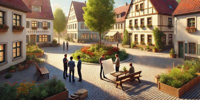 Unser Dorf hat Zukunft Dorfszenerie, die von der KI erstellt wurde, zeigt hübsche ältere Häuser rund um einen begrünten Kreisel in der Dorfmitte und Menschen auf dem Platz, die sich unterhalten und zwei menschen, die sich einen Plan anschauen.