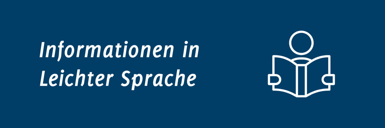Das Bild zeigt eine stilisierte Person, die eine aufgeschlagene Broschüre oder Zeitung liest. Daneben steht der Text "Informationen in Leichter Sprache".
