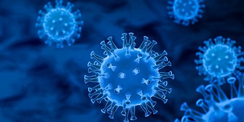 Schematische Darstellung des Corona Virus in blauen Farben